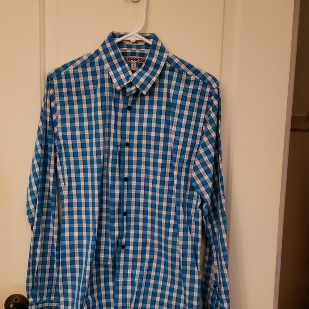 Express mens dress shirt fitted. Blue purple white